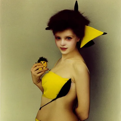 Image similar to elegant woman dressed up as pikachu, art photo by Annie Liebovitz and David Hamilton and Alphonse Mucha