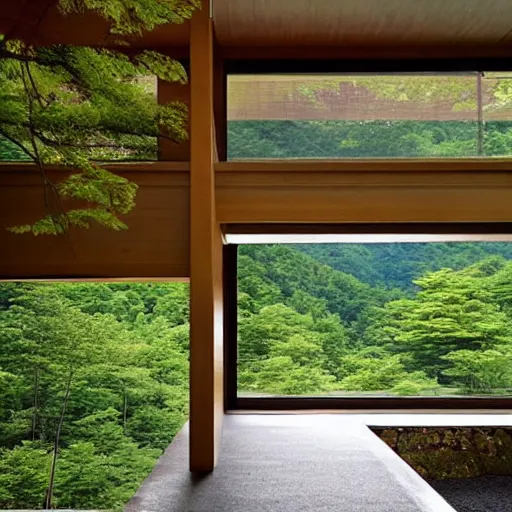 Image similar to “extravagant luxury mountain home, in Karuizawa, by Tadao Ando, modern rustic, stone, zen, summer rain, mist”