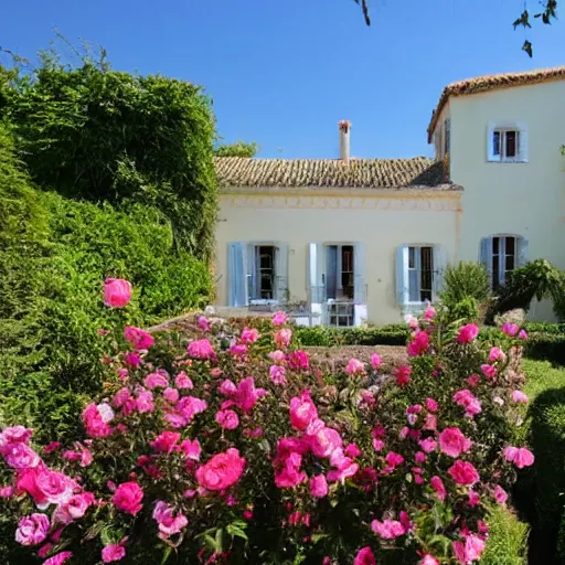 Image similar to ile de re house with a garden full of tremiere rose, sixty stores, white walls, orange roof