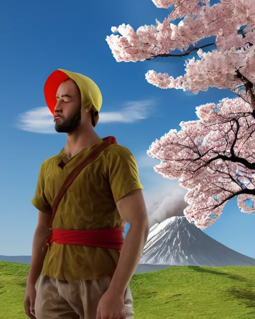 Image similar to A warrior standing near a cherry blossom tree, he is looking at a volcanic mountain that is erupting, 3d render, digital art