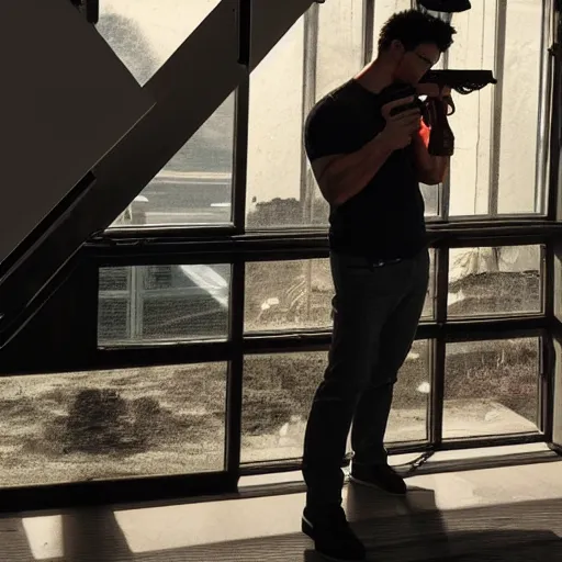 Prompt: Markiplier with a shotgun, photorealistic, cinematic lighting, shot on iphone