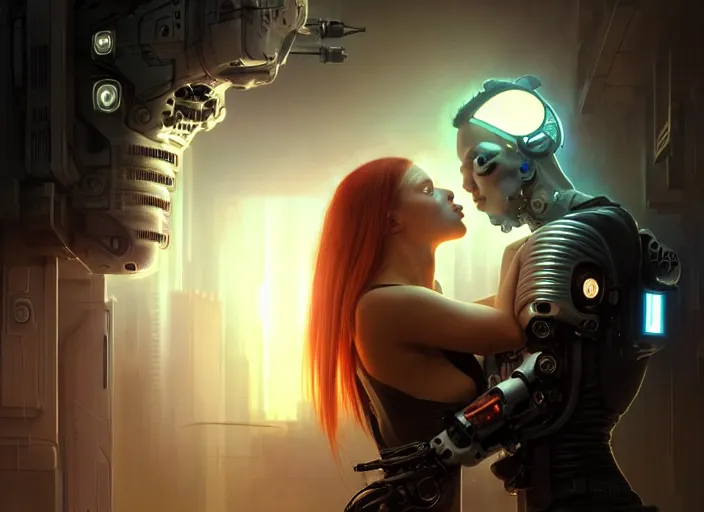 Image similar to ultra realistic medium shot of a couple of cyborgs kissing, lovers, cyberpunk, sci - fi, fantasy, kodak, colour led, soft light, volumetric lighting, fog, rays, night, intricate, highly detailed, digital painting, concept art, smooth, sharp focus, illustration, art by artgerm and greg rutkowski and alphonse mucha