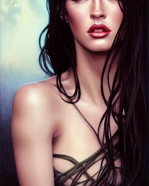 Image similar to portrait of megan fox vampire, dark, piercing eyes, gentle expression, elegant clothing, photorealistic, highly detailed, artstation, smooth, sharp focus, art by michael whelan, artgerm, greg rutkowski and alphonse mucha