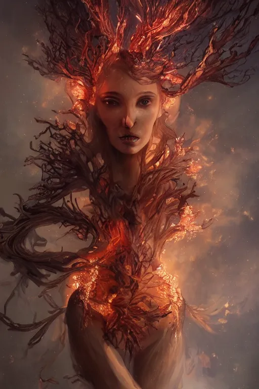 Prompt: torso closeup model wearing exploding fire crystal dress, rotten tree spirit dryad with a beautiful face, sorcerer, diamonds, angel, fantasy, dramatic lighting, highly detailed, digital painting, holding electricity, magic the gathering, hyper detailed, 3 d render, hyper realistic detailed portrait, peter mohrbacher, wlop, ruan jia