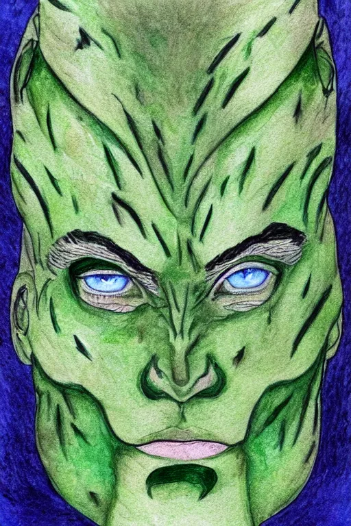 Image similar to green man with prominent cheekbones, deep dimples, and strong jawline. blue eyes, green skin, black hair with white streaks. fantasy portrait illustration, watercolor and colored pencils.