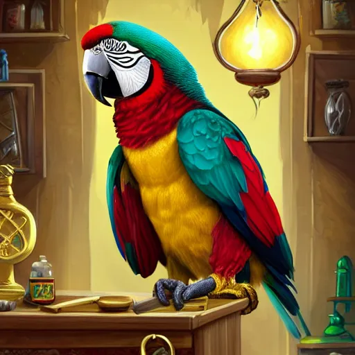 Prompt: Anthropomorphized parrot trader in his shop, selling his wares, portrait, items, gold, magic potions, carpet, window, sly expression , cunning expression, cute expression, long thick shiny gold beak, presenting wares, holding a gold bag, D&D, fantasy, cinematic lighting, highly detailed, digital painting, artstation, concept art, smooth, sharp focus, illustration, warm light, cozy warm tint, magic the gathering artwork, volumetric lighting, 8k, art by Akihiko Yoshida, Greg Rutkowski