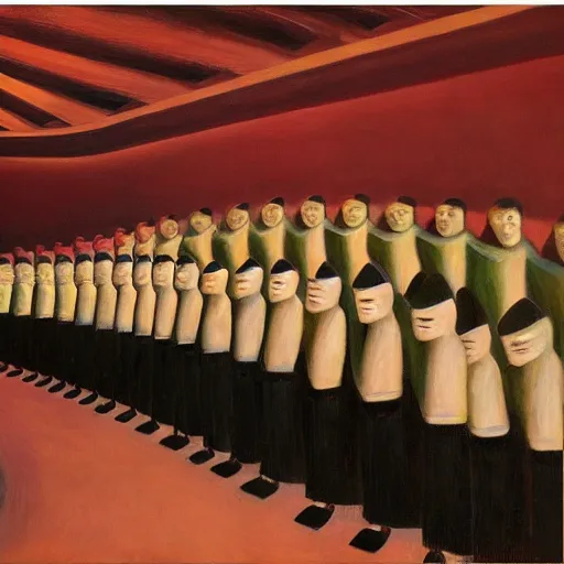 Image similar to robotic choir in an amphitheater, pj crook, grant wood, edward hopper, syd mead, chiaroscuro, oil on canvas