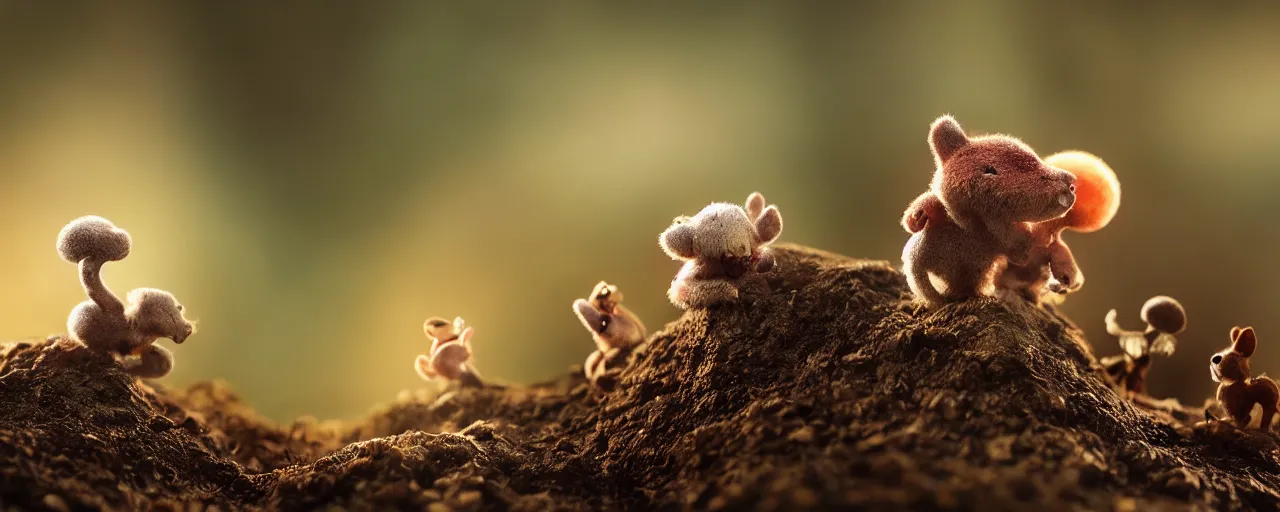 Image similar to tiny cute forest creatures seeking shelter by bobby chiu, at sunset, macro photography, goro fujita, cute, adorable, cinematic