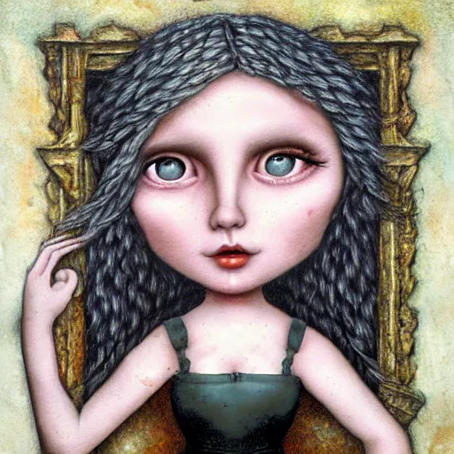 Image similar to the blacksmiths daughter, in the forge, lowbrow in the style of Mark Ryden,