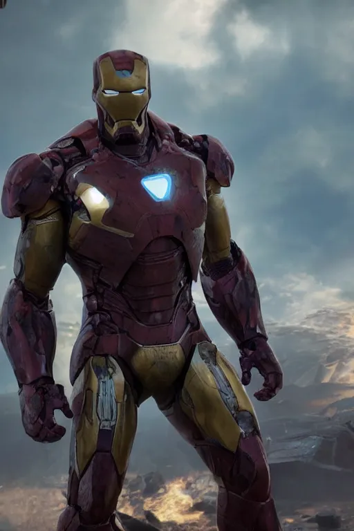 Image similar to thanos in a damaged and broken iron man suit, cinematic, volumetric lighting, f 8 aperture, cinematic eastman 5 3 8 4 film, photorealistic