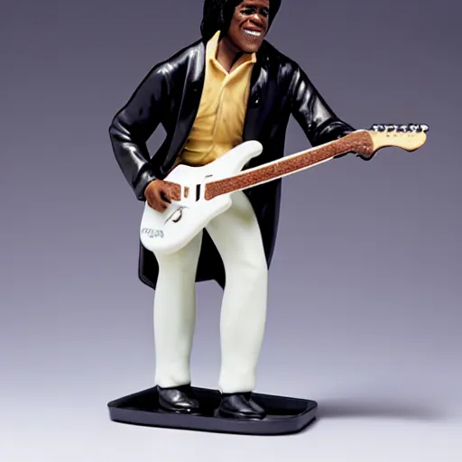 Image similar to a porcelain figurine of james brown playing the guitar, product shot