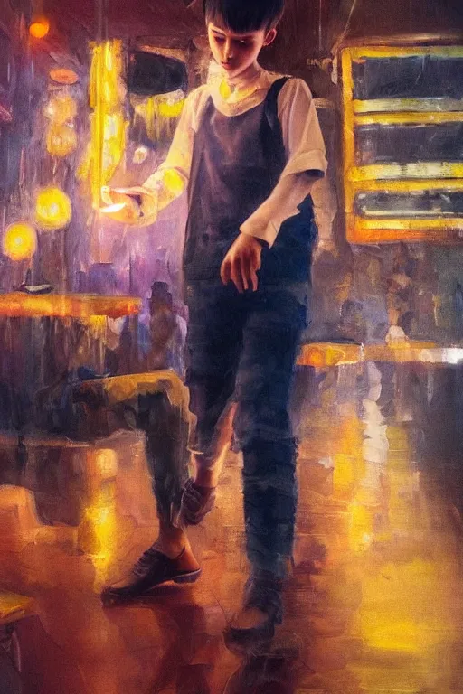 Image similar to realistic detailed full body picture of a sad finnish boy dancing in a south korean night club with a phone in hand, short brown hair, big eyes, masculine jawline, colorful, oil painting, cinematic lighting