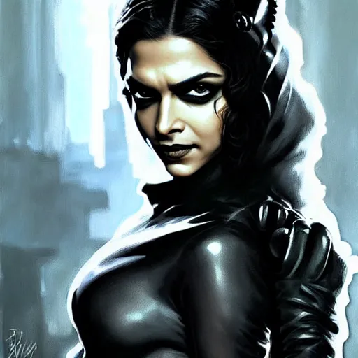 Prompt: beautiful young deepika padukone as catwoman, closeup, d & d, fantasy, intricate, elegant, highly detailed, digital painting, artstation, concept art, matte, sharp focus, illustration, art by artgerm and greg rutkowski and alphonse mucha