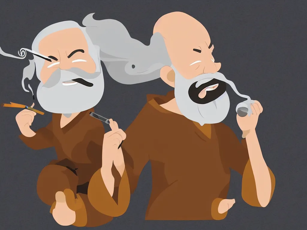 Prompt: meditating figure of an old man with a beard and white hair, hair coming out from a smoking pipe as smoke, avatar aang animation style