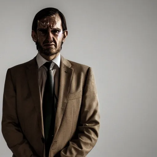 Image similar to Photo of a stern man in a beige peak lapel suit with a sad and melancholic look, deeply depressed, grieving, chiaroscuro, facing the camera, closeup shot, cinematic promo material, by Nicola Samori