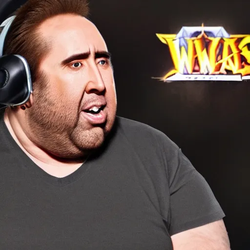 Image similar to obese nicolas cage wearing a headset yelling at his monitor while playing WoW highly detailed wide angle lens 10:9 aspect ration award winning photography