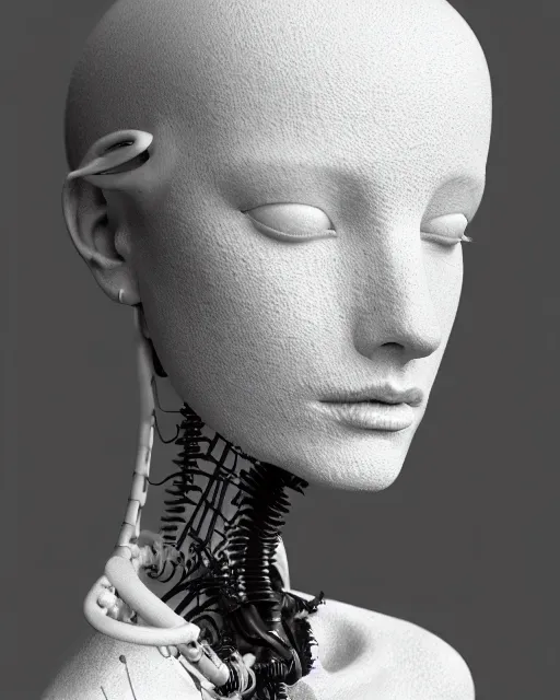 Image similar to black and white dreamy foggy profile face portrait, cyclope biomechanical beautiful young female cyborg - robot bust, body ribs meshes,, volumetric light, hibiscus flowers, by hg giger, rim light, by dora maar and cecile beaton, big gothic fashion pearl embroidered collar, 8 k