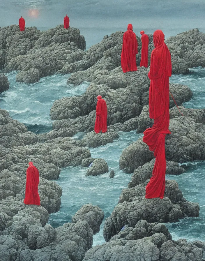 Image similar to worshippers in red robes belonging to the cult of the lighthouse clambering out of the water onto the rocky shore at the base of the light house, walking into the entrance of the light house, high detailed beksinski painting, part by adrian ghenie and gerhard richter. art by takato yamamoto. masterpiece, deep colours, blue