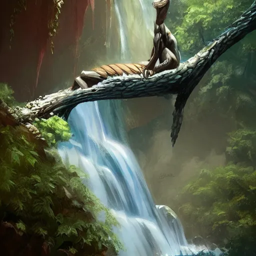 Image similar to slender dragon relaxing by a waterfall, digital painting, artstation, art by Jaime Jones