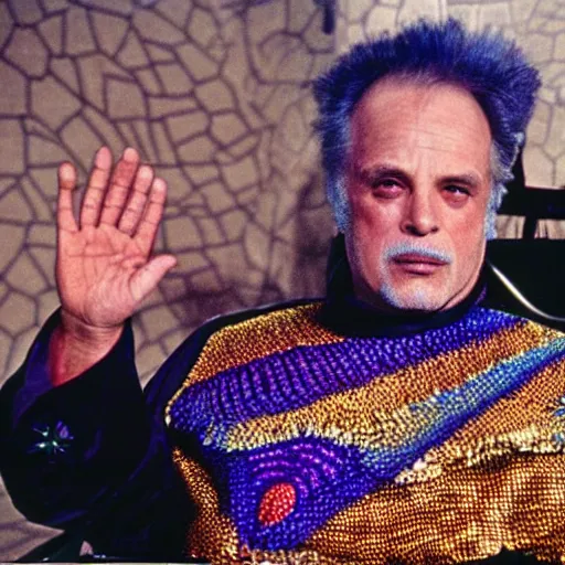 Prompt: Jodorowsky's Dune movie, Marlon Brando as Baron Harkonnen, mail coif!!! and outfit covered in colorful scales and jewels, cinematic, cinestill 400t film