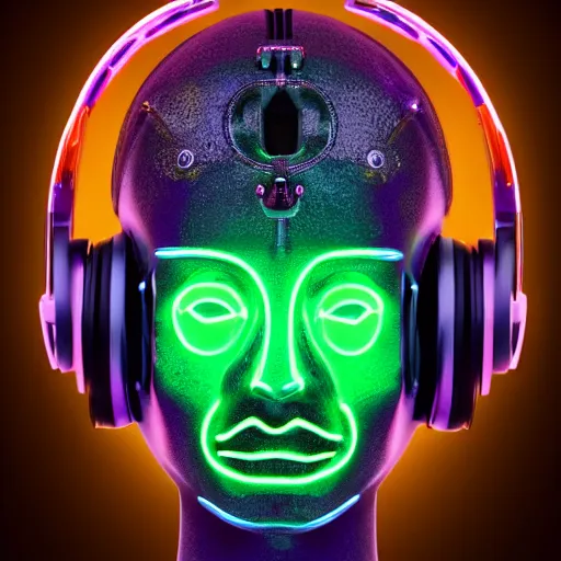 Prompt: a glossy claymodel of a dieselpunk aztec futurism robot head with glowing headphones, 8 k, symetrical, flourescent colors, halluzinogenic, multicolored, very detailed, black background, 3 d render,