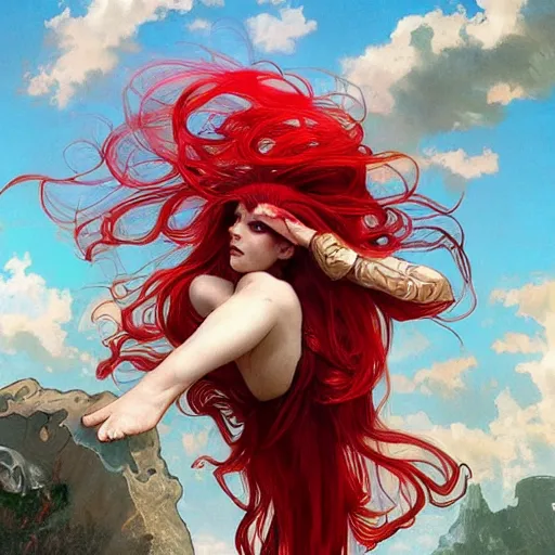 Prompt: a red haired goddess hanging upside down, long hair billowing down, intricate, elegant, highly detailed, digital painting, artstation, concept art, matte, sharp focus, illustration, in the style of magic the gathering, art by artgerm and greg rutkowski and alphonse mucha