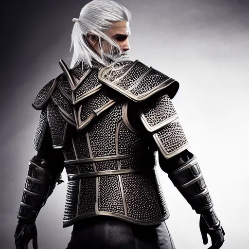 Prompt: cristiano ronaldo wearing Geralt of Rivia's armor, promo shoot, studio lighting,