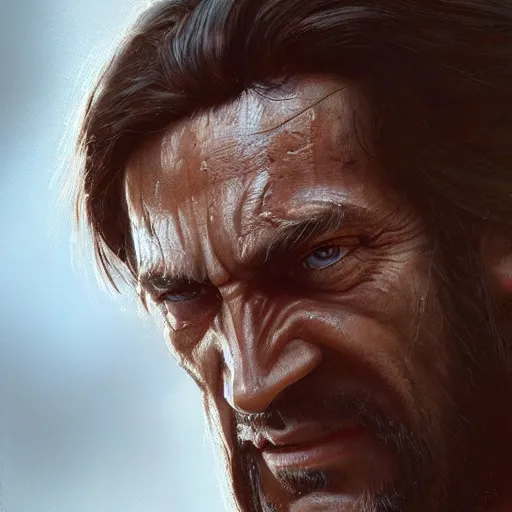 Image similar to Jesus Christ with wolverine clan claws . Highly detailed painting Greg rutkowski. Good clear quality, high detail, octagon render 8k