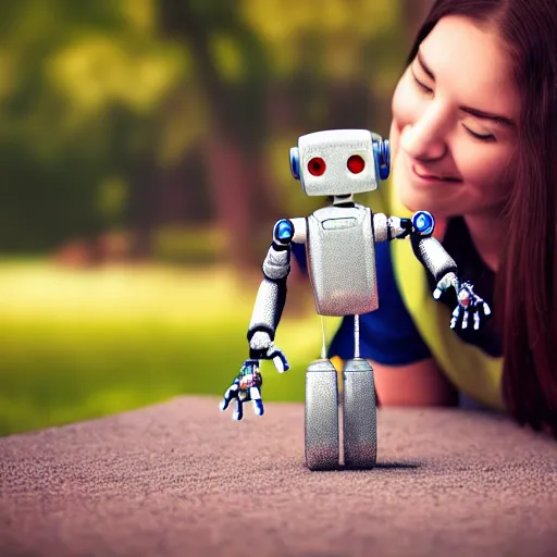 Image similar to robot with a human pet , award winning photograph , realistic , 4k , HD , focus