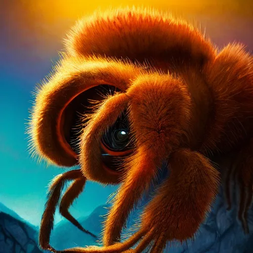 Prompt: colossal fluffy happy tarantula, golden hour, fantasy, vivid colors, sharp focus, digital art, hyper - realistic, 4 k, unreal engine, highly detailed, hd, dramatic lighting by brom, trending on artstation