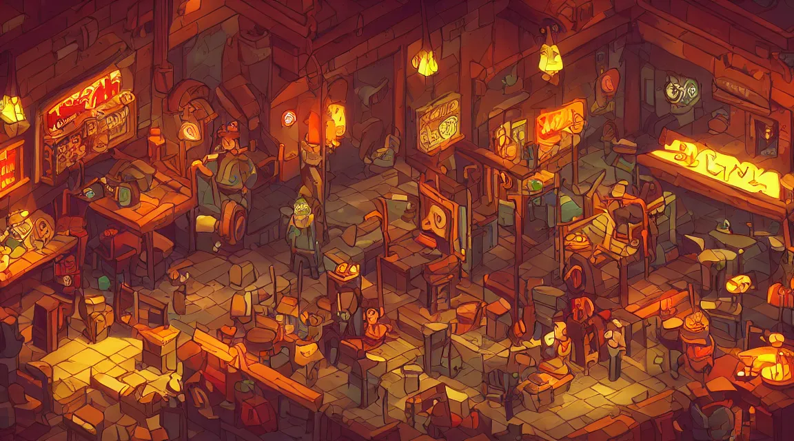 Image similar to A multidimensional cozy tavern, retro video game vibe, cinematic lighting, epic composition, cartoon, animation, background art, post processing, 8K resolution