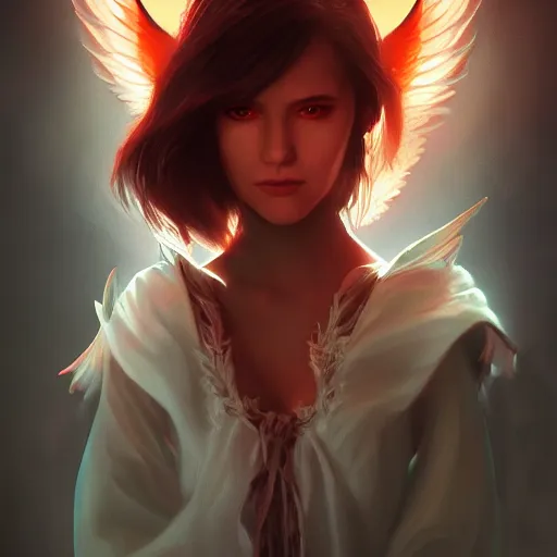 Image similar to young vampire princess with burning wings 4 k high definition gorgeous dramatic lighting artstation trending path traced contrast light and dark cinematic breathtaking by christensen, james c.