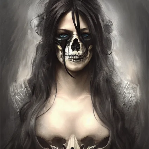 Image similar to Epic portrait, an female with a skull face, long black hair flow, digital painting, artstation, concept art, soft light, hdri, smooth, sharp focus, illustration, fantasy, intricate, elegant, highly detailed, D&D, matte painting, in the style of Greg Rutkowski and Alphonse Mucha and artemisia, 8k, highly detailed, jurgens, rutkowski, bouguereau, pastoral, rustic, georgic