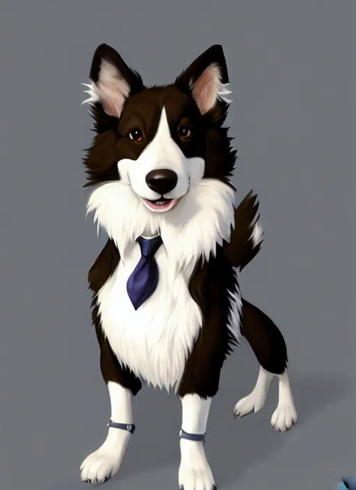 Image similar to beautiful full body character portrait of a cute male anthropomorphic border collie fursona wearing a suit. character design by disney, charlie bowater, ross tran, artgerm, and makoto shinkai, detailed, soft lighting, rendered in octane