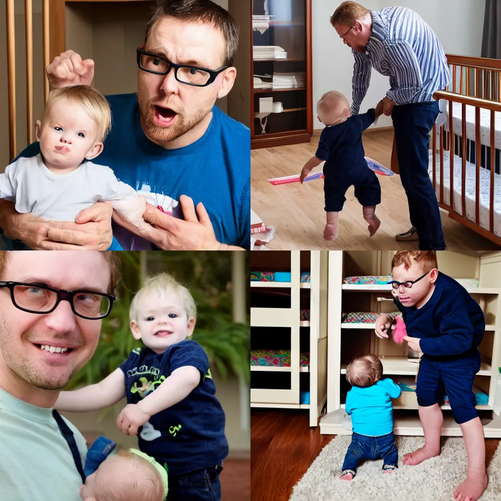 Prompt: Man with glasses hurls one year old blond boy into crib with full force