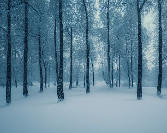 Prompt: a forest filled with lots of snow covered trees at dark blue night, a matte painting by konstantinas ciurlionis, featured on unsplash, tonalism, photo taken with ektachrome, high dynamic range, photo taken with provia