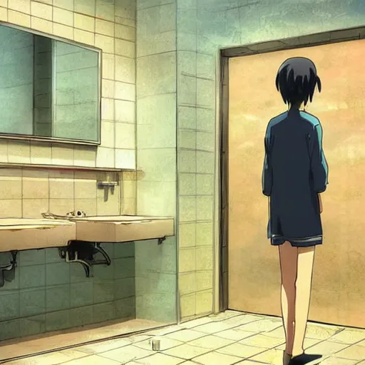 Image similar to bathroom, slice of life anime, anime scenery by Makoto shinkai