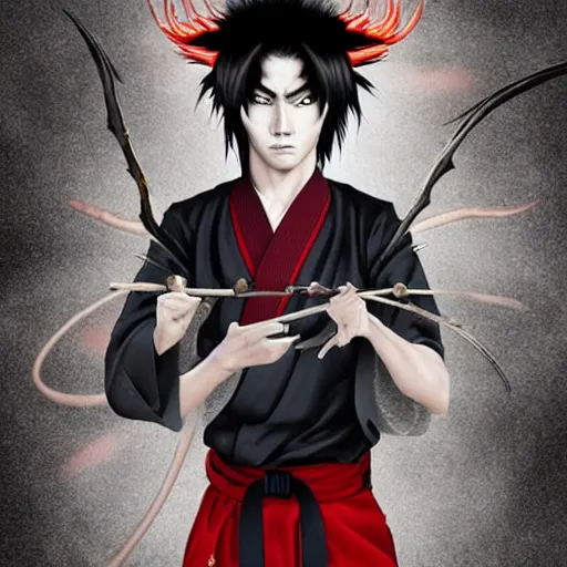 Image similar to yokai demon martial artist, handsome japanese demon boy, young adult yokai with long spiky black hair, vampiric skin, vantablack gi, red eyes, ultra realistic, intricate details, highly detailed, subsurface scattering, photorealistic, octane render, 8 k, art by artgerm, greg rutkowski, magali villeneuve, alphonse mucha