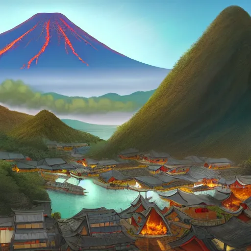 Prompt: matte painting art of a Japanese village in the hills with a big volcano eruption in the background, lava river, concept art, Trending on Artstation, cgsociety, ultra sharp