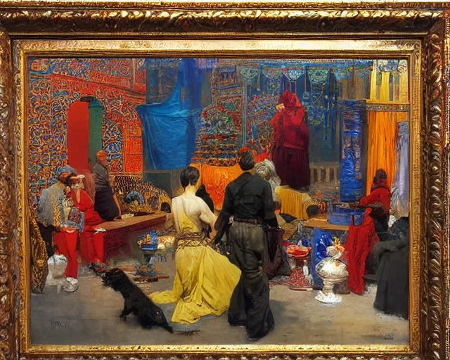 Image similar to an oil painting in the style of orientalism of dragons on display in a dragon auction in the grand bazaar of isfahan by edwin lord weeks