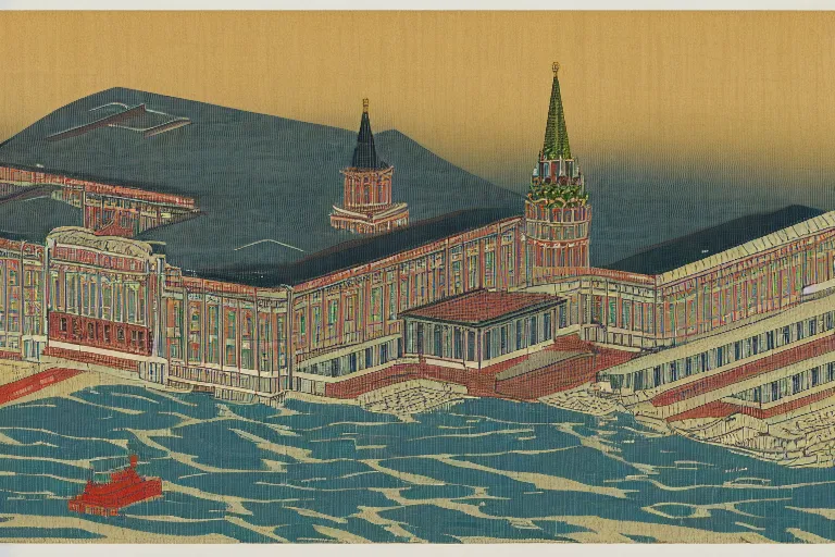 Prompt: moscow institute of physics and technology main building being attacked, by katsushika hokusai, highly detailed, 4 k