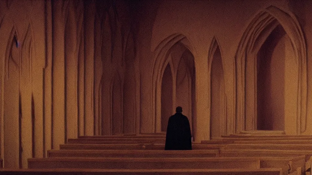 Prompt: church service, film still from the movie directed by denis villeneuve and david cronenberg with art direction by zdzisław beksinski and dr. seuss