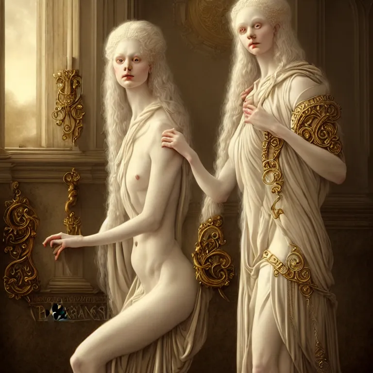 Prompt: renaissance style a wonderful woman albino goddess with a wonderful face and long intricate hair with a beautiful porcelain symmetrical body dressed with a majestic warp ornate semi transparent cream long cotton dress, hightly ornate, intricate, detailed, dramatic light, award winning, octane render, tom bagshaw style