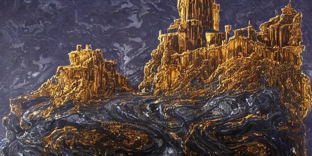 Image similar to ornate obsidian castle on high cliffs with rivers and waterfalls of glowing melted gold. by tom bagshw and by ralph bakshin. power and beauity.