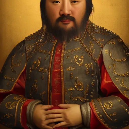 Image similar to Highly detailed and cinematic Renaissance period portrait oil painting Kublai Khan, an oil painting ((masterpiece)) by ((Josep Tapiró Baró)), dynamic lighting, 8K