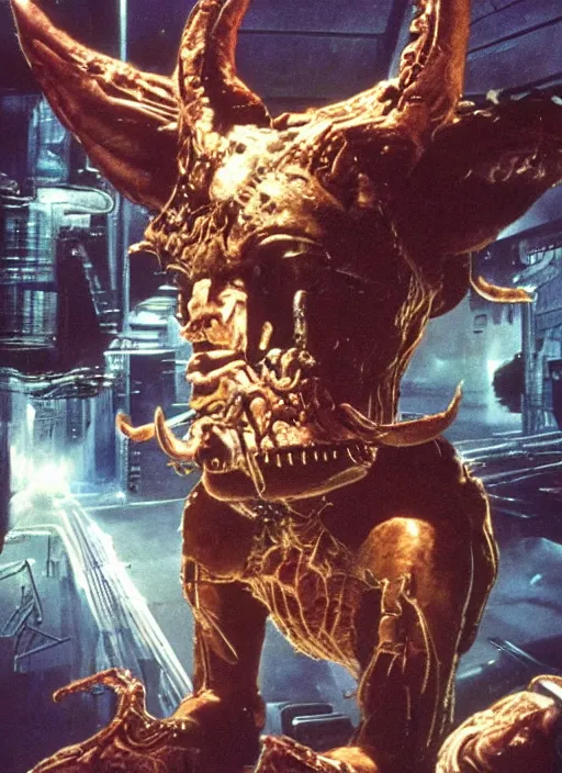 Prompt: sci - fi practical fx of an cyber minotaur being defeated. art by ridley scott and david cronenberg 1 9 7 0