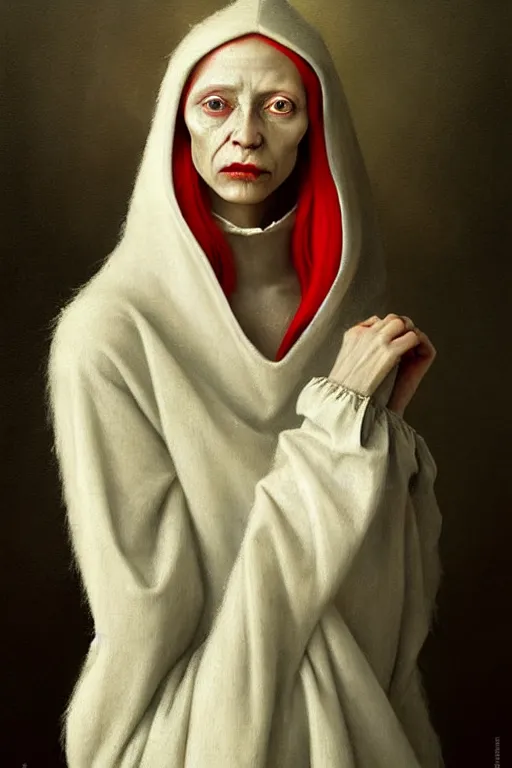 Image similar to hieronymus bosch, greg rutkowski, anna podedworna, painting of a beautiful vampire with red hair in a white woollen turtleneck dress