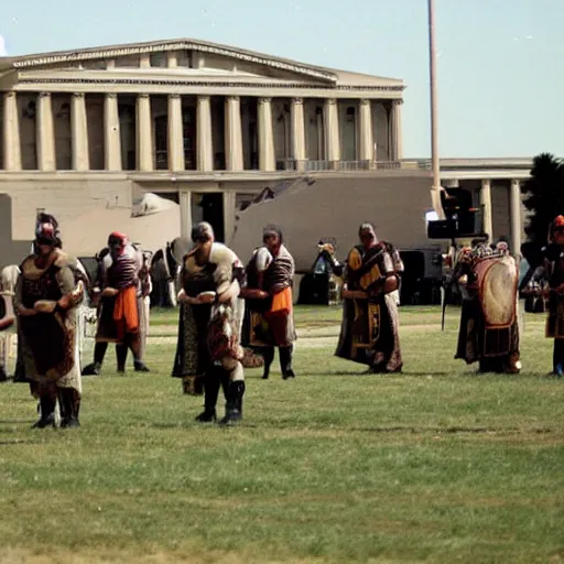 Prompt: roman legions shooting in front of the pentagon ( 2 0 0 3 )