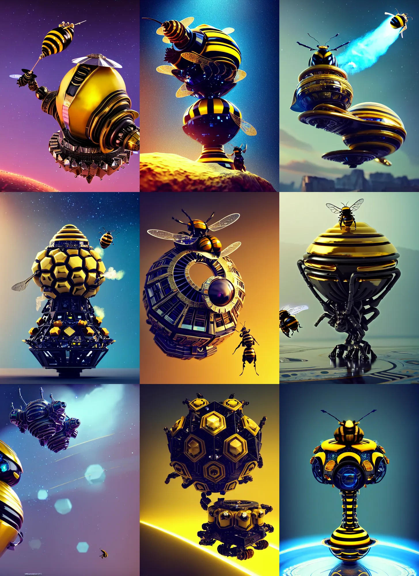 Prompt: obsidian megastructure spaceship bumblebee edm cyborg smoking elaborate honey bong | ornate jewelry | glamorous oily soft polished rich enticing ornate modern | weta disney pixar movie still photo | hi - fructose, sci fi fantasy, golden ratio details, smooth, octane render, sharp focus, artstation, concept art | beeple, feng zhu, mucha, rutkowski |