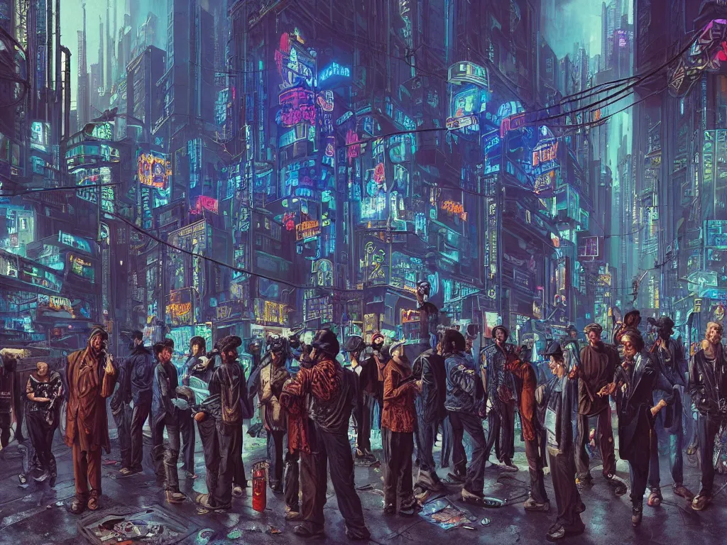 Prompt: a hyperrealistic matte painting of a cyberpunk gang on the streets of a lofty city, gritty, cyberpunk ads, piping, cables, art deco architecture, graffiti, fine detail, intricate, polished, blue color scheme, cinematic lighting, by hugh ferris, john smith, noriyoshi ohrai